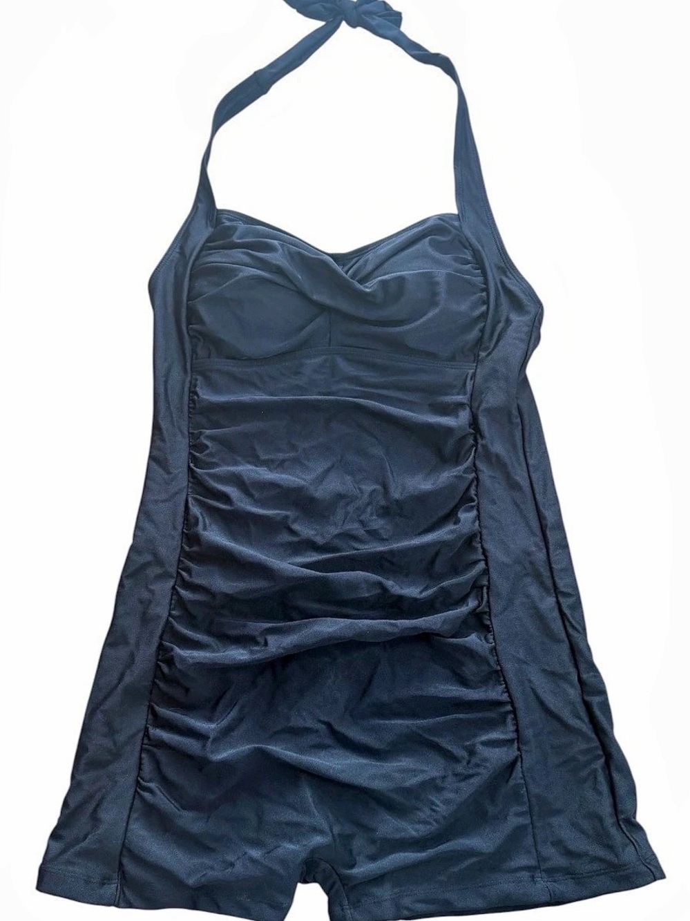 Black Halter Swimsuit One Piece Boy Shorts Ruched Retro Bathing Suit Size Large